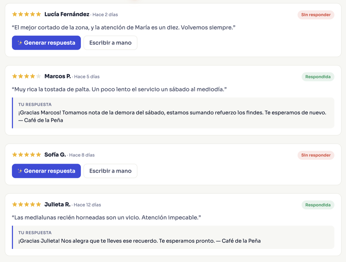 Reseñas en el panel de Brillá, con alerta de sin responder y una respuesta redactada con IA